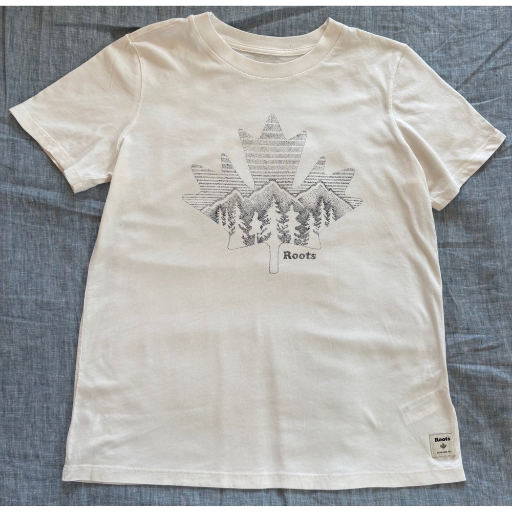 Roots Womens White Mountain Maple Leaf Graphic T-Shirt Soft Cotton Size Small